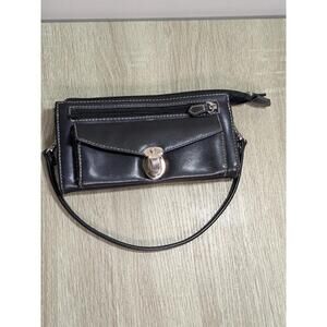 Black Leather Wristlet Clutch with Front Pocket and Zipper